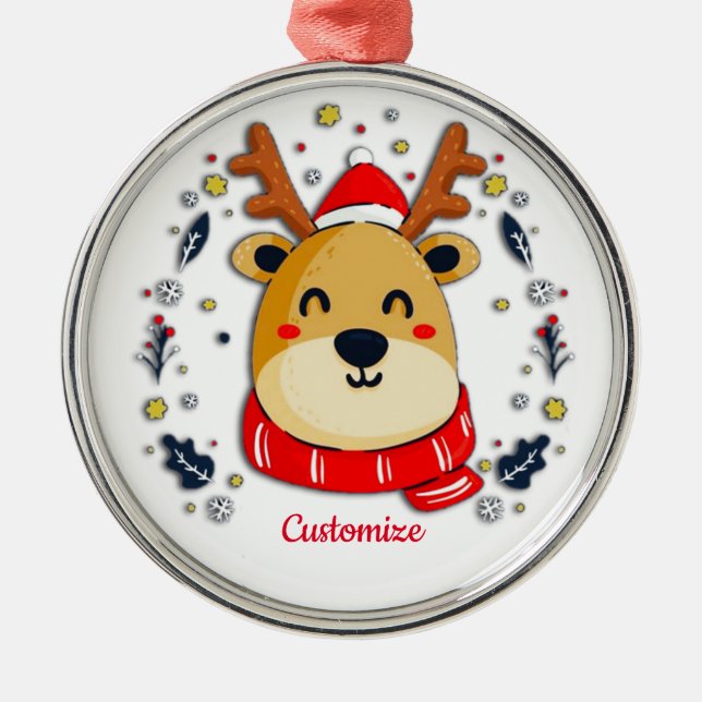 Personalized Cute Christmas Reindeer Metal Ornament (Front)