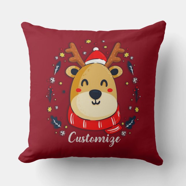 Personalized Cute Christmas Reindeer Throw Pillow (Front)