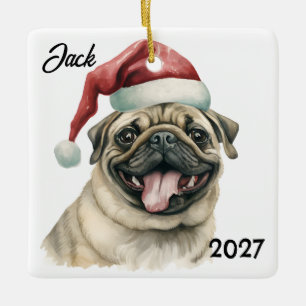 Personalized Cute Christmas Santa Pug Ceramic Ornament