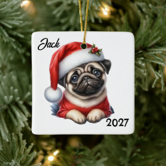 Personalized Cute Christmas Santa Pug Ceramic Ornament