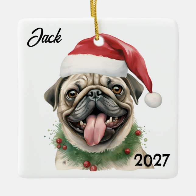 Personalized Cute Christmas Santa Pug Ceramic Ornament (Front)