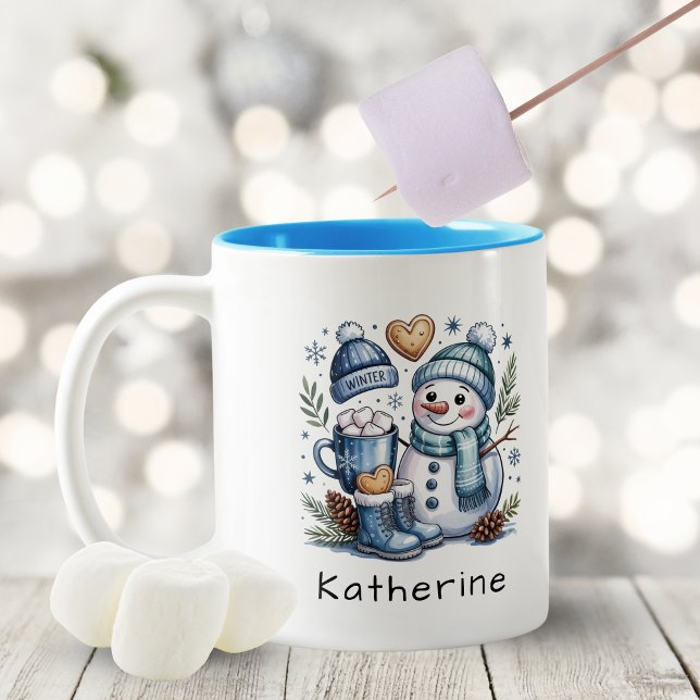 Personalized Cute Christmas Snowman  Two-Tone Coffee Mug (Personalized Cute Christmas Snowman Two-Tone Coffee Mug)