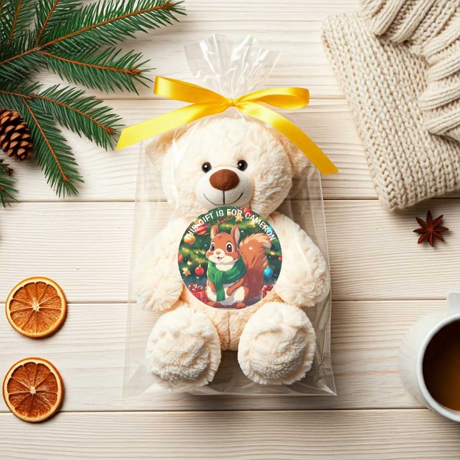 Personalized Cute Christmas Squirrel  Classic Round Sticker (Personalized Cute Christmas Squirrel Classic Round Sticker.)