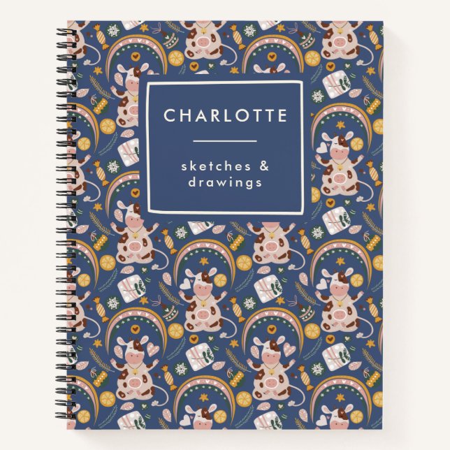 Personalized Cute Christmas Yoga Cow Whimsical Notebook (Front)