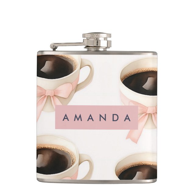 Personalized Cute Coffee Cup Coquette Pattern Flask (Front)