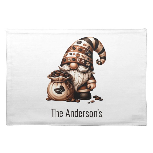Personalized Cute Coffee Gnome Brown White Gift Cloth Placemat (Front)