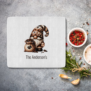 Personalized Cute Coffee Gnome Brown White Gift Cutting Board