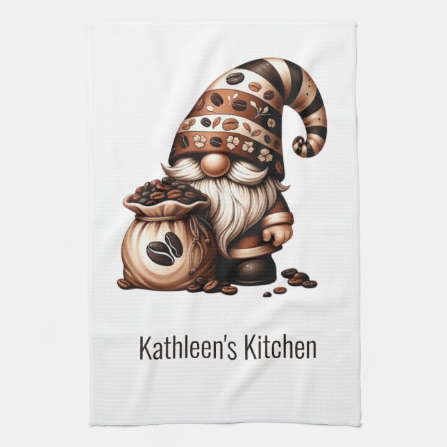 Personalized Cute Coffee Gnome Brown White Gift Kitchen Towel (Vertical)