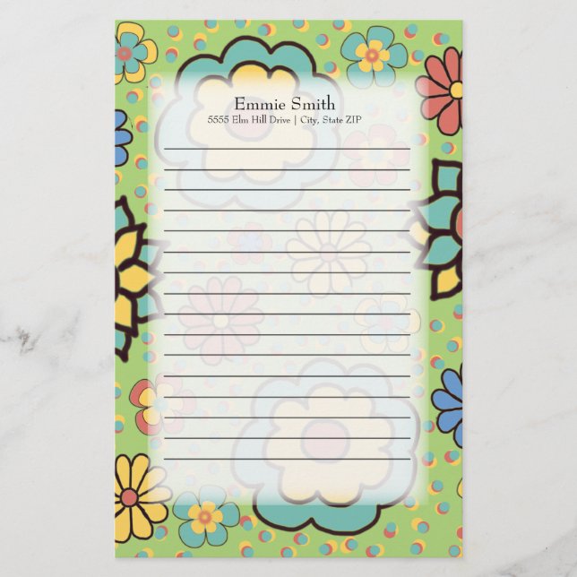 Personalized Cute Colorful Flowers on Green Stationery (Front)