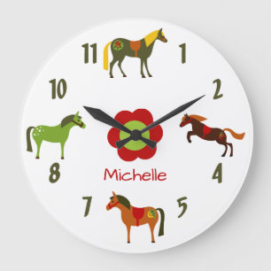 Personalized Cute Colorful Retro Ponies Horse Large Clock