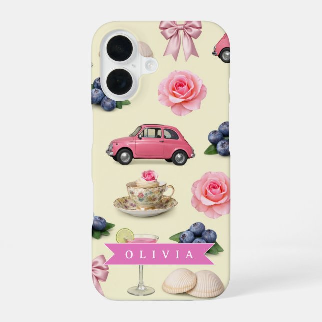 Personalized Cute Coquette Pink Cocktail Ribbon iPhone Case (Back)