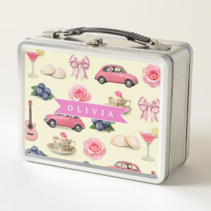 Personalized Cute Coquette Pink Cocktail Ribbon Metal Lunch Box