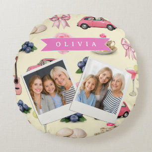 Personalized Cute Coquette Pink Cocktail Ribbon Round Pillow
