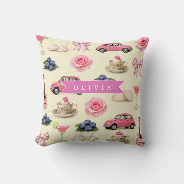 Personalized Cute Coquette Pink Cocktail Ribbon Throw Pillow (Front)