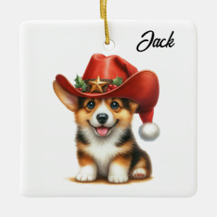 Personalized Cute Corgi Cowboy Santa Hat Christmas Ceramic Ornament