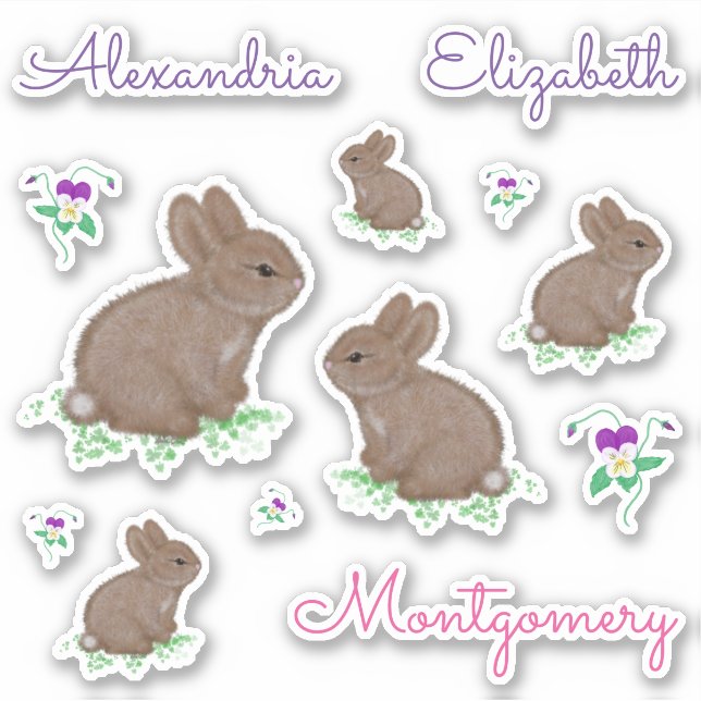 Personalized Cute Cottontail Bunnies and Flowers Sticker (Front)
