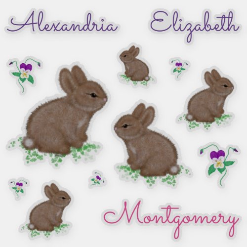 Personalized Cute Cottontail Bunnies and Flowers Sticker