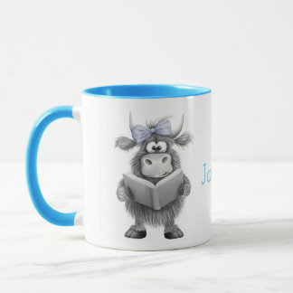 Personalized Cute Cow Mug with Blue Handle