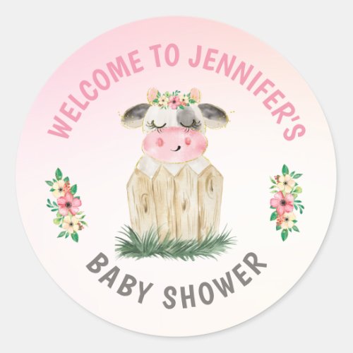 Personalized Cute Cow Pink Gold Baby Shower   Classic Round Sticker