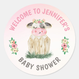 Personalized Cute Cow Pink Gold Baby Shower   Classic Round Sticker