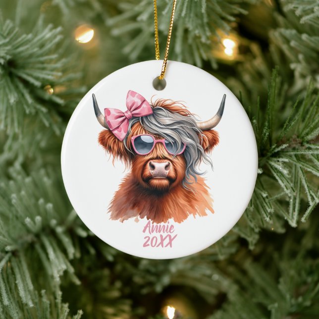 Personalized Cute Cow with Bow Ceramic Ornament (Tree)