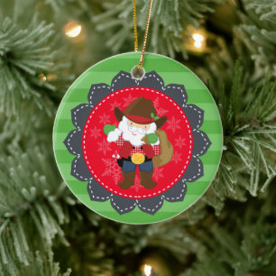Personalized Cute Cowboy Santa Clause Western Ceramic Ornament