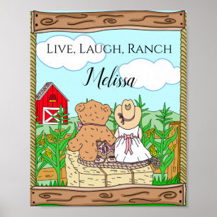 Personalized Cute Cowgirl and Teddy Bear on Ranch Poster