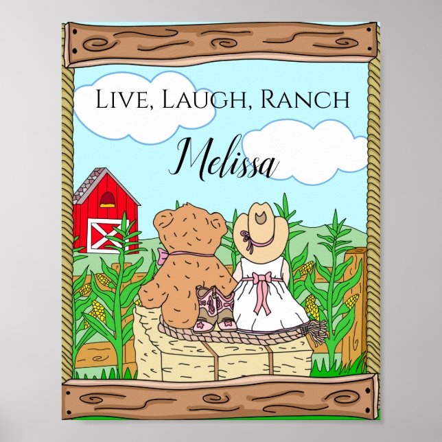 Personalized Cute Cowgirl and Teddy Bear on Ranch  Poster (Front)