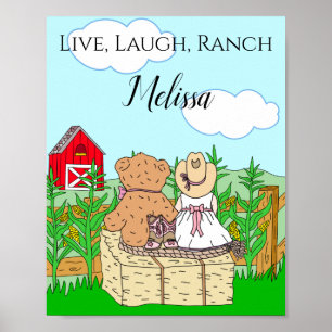 Personalized Cute Cowgirl and Teddy Bear on Ranch Poster