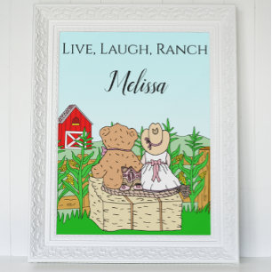 Personalized Cute Cowgirl and Teddy Bear on Ranch Poster