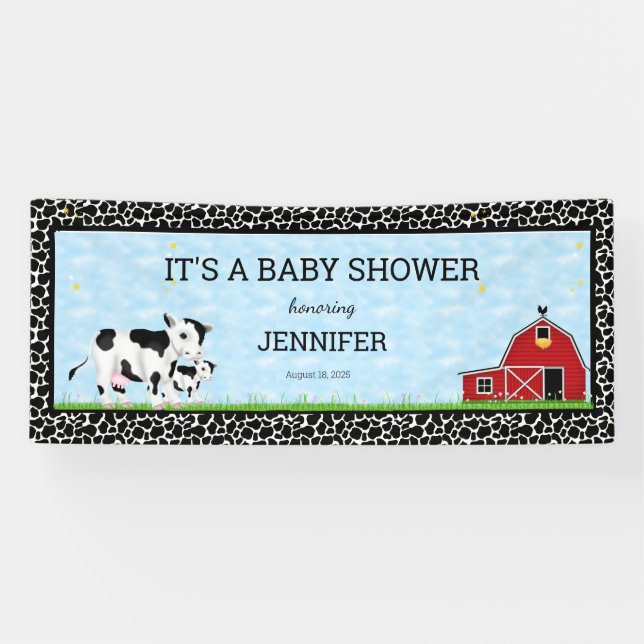 Personalized Cute Cows Black White Baby Shower Banner (Horizontal)