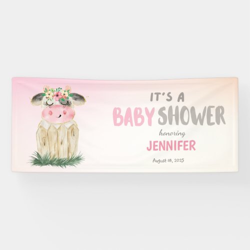 Personalized Cute Cows Pink Gold Baby Shower   Banner