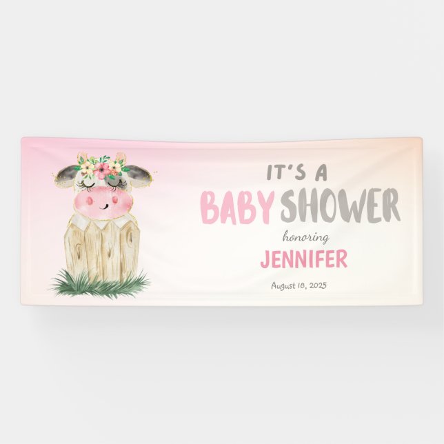 Personalized Cute Cows Pink Gold Baby Shower   Banner (Horizontal)