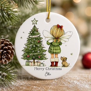 Personalized Cute Cozy Fairy and Puppy Christmas Ceramic Ornament