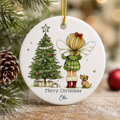 Personalized Cute Cozy Fairy and Puppy Christmas  Ceramic Ornament
