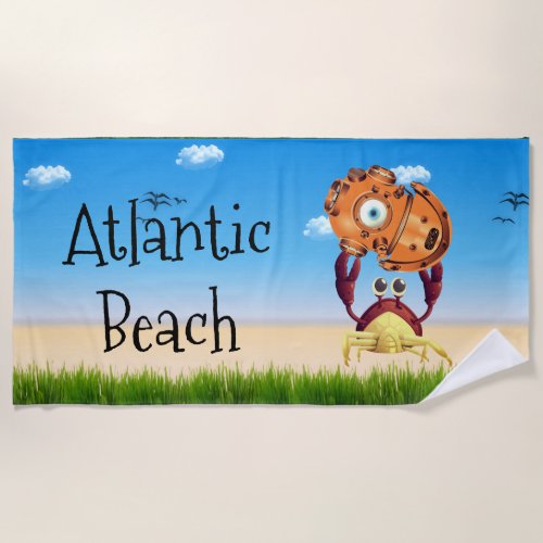 Personalized Cute Crab Holding Diving Helmet Beach Towel