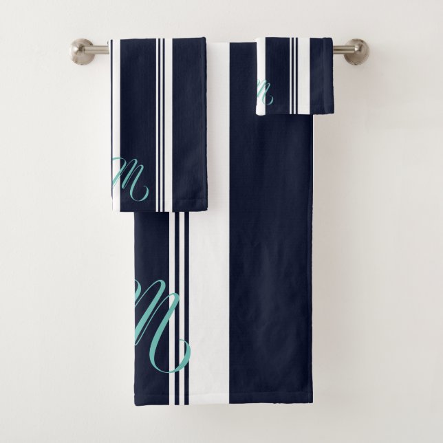 Personalized Cute Cursive Navy Vertical Stripes Bath Towel Set (Insitu)