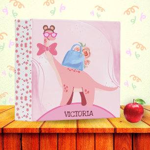 Personalized Cute Dinosaur Back-to-School Girls 3 Ring Binder