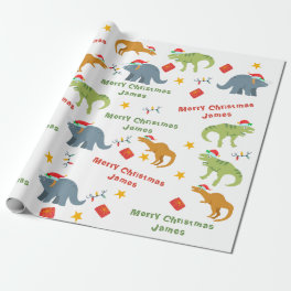 Personalized Cute Dinosaur Santa Merry Christmas Wrapping Paper