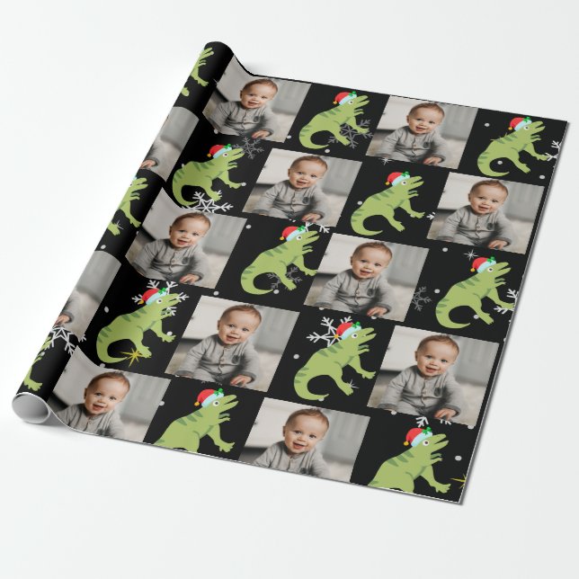 Personalized Cute Dinosaur Santa Merry Christmas Wrapping Paper (Unrolled)