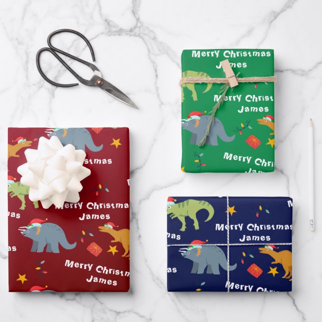 Personalized Cute Dinosaur Santa Merry Christmas Wrapping Paper Sheets (Front)