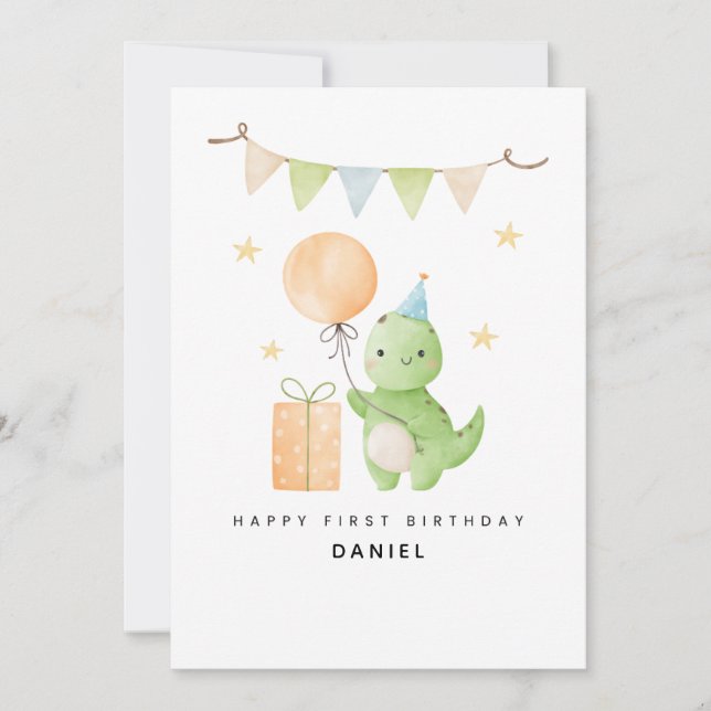 Personalized Cute Dinosaur Watercolor 1st Birthday Card (Front)