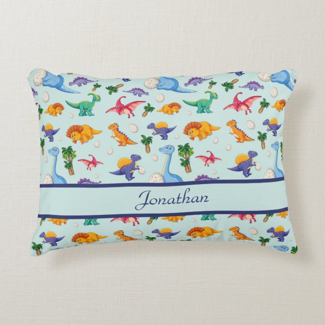 Personalized Cute Dinosaurs Blue Boy Baby Accent Pillow (Front)