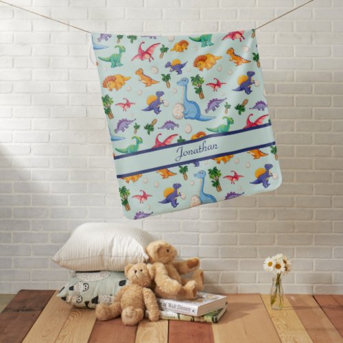 Personalized Cute Dinosaurs Blue Boy Baby Blanket