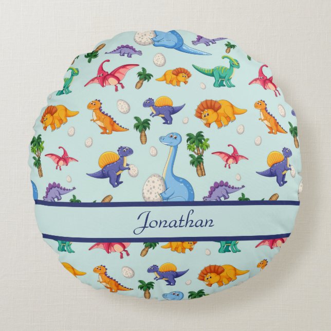 Personalized Cute Dinosaurs Blue Boy Baby Round Pillow (Front)