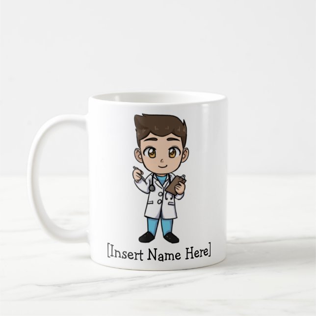 Personalized Cute Doctor, Brunette Male Coffee Mug (Left)