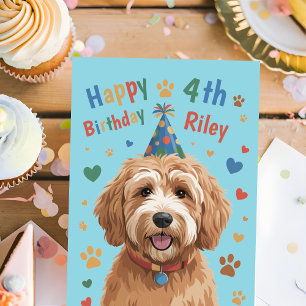 Personalized Cute Dog 4th Birthday Card for Kids