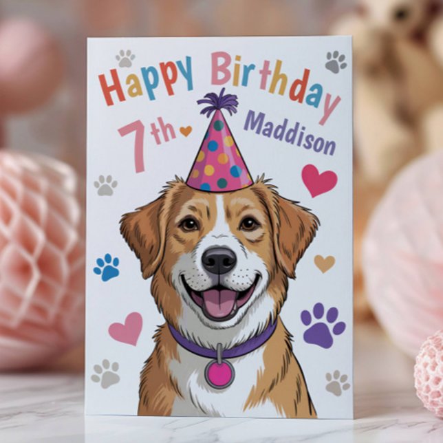 Personalized Cute Dog 7th Birthday Card for Kids (Creator Uploaded)