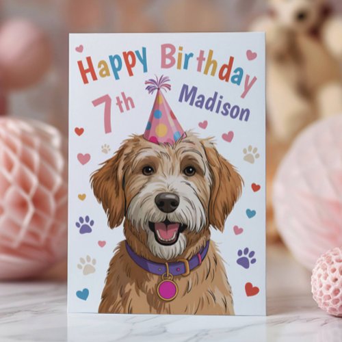 Personalized Cute Dog 7th Birthday Card for Kids