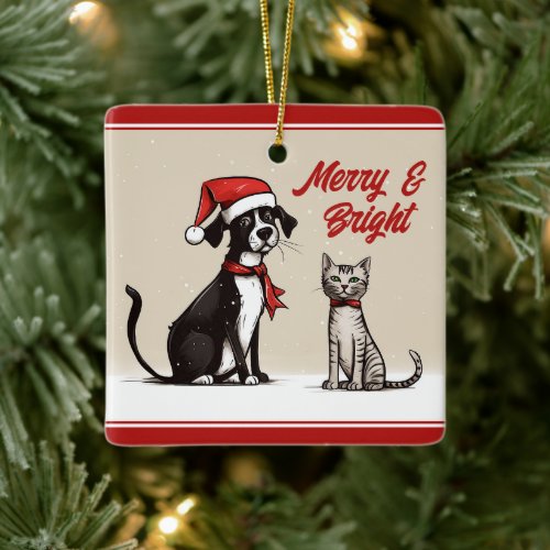 Personalized Cute Dog and Cat Christmas Ceramic Ornament